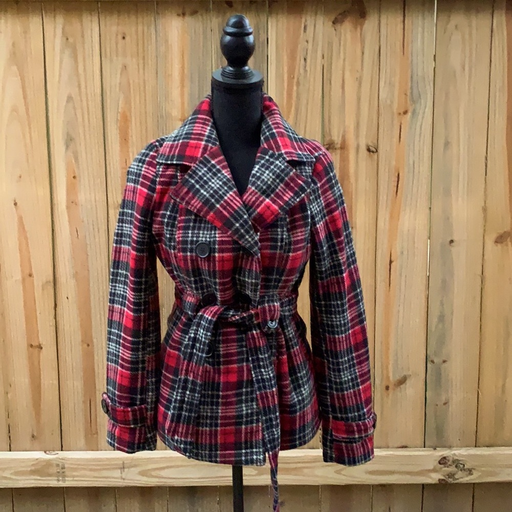 Red and Black Plaid Belted Pea Coat